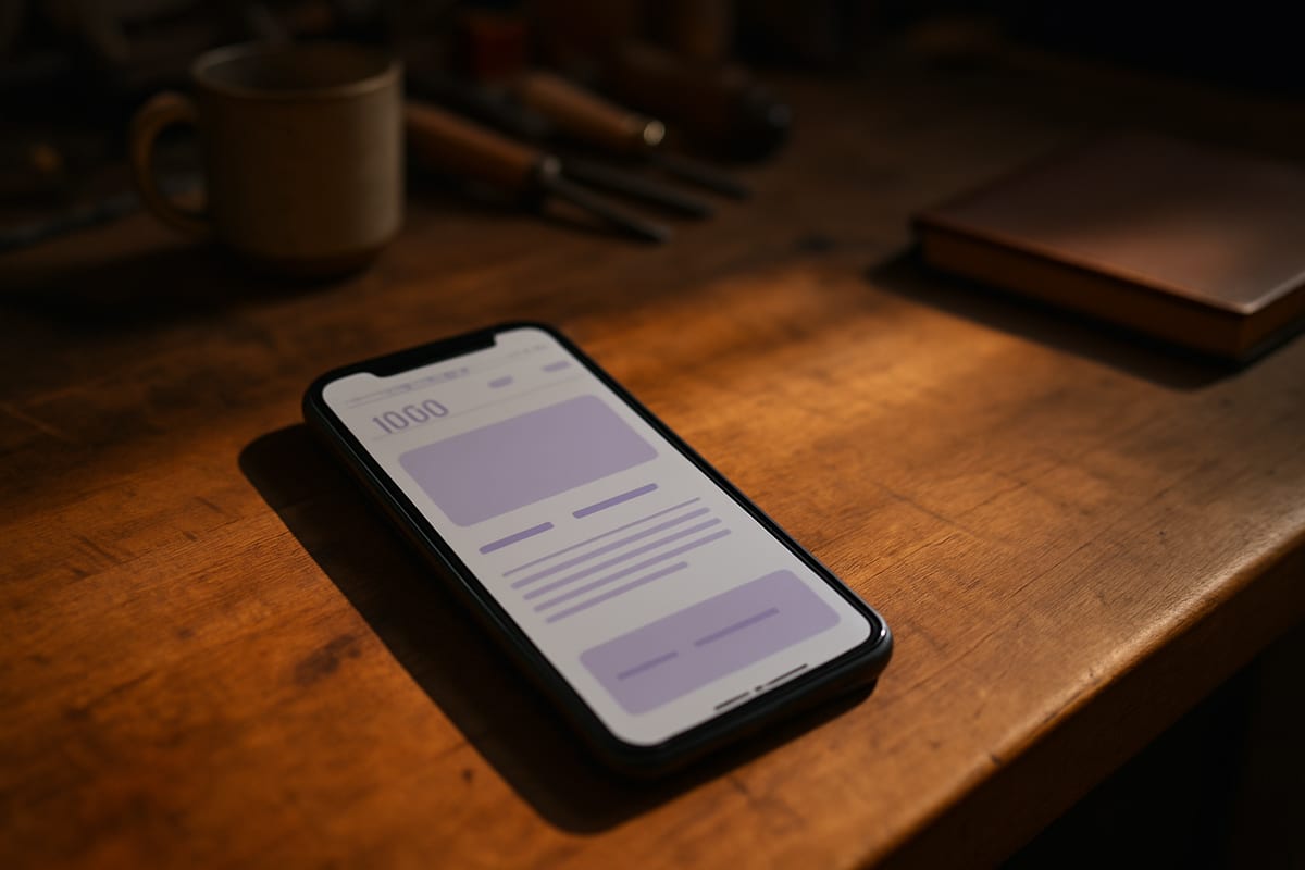 A mobile phone on a workbench showing a clean small business website — editorial still life