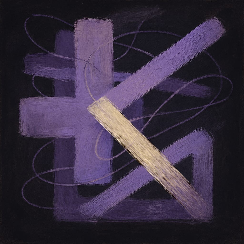 Layered lavender brush strokes and linework — painterly illustration of hands-on craft