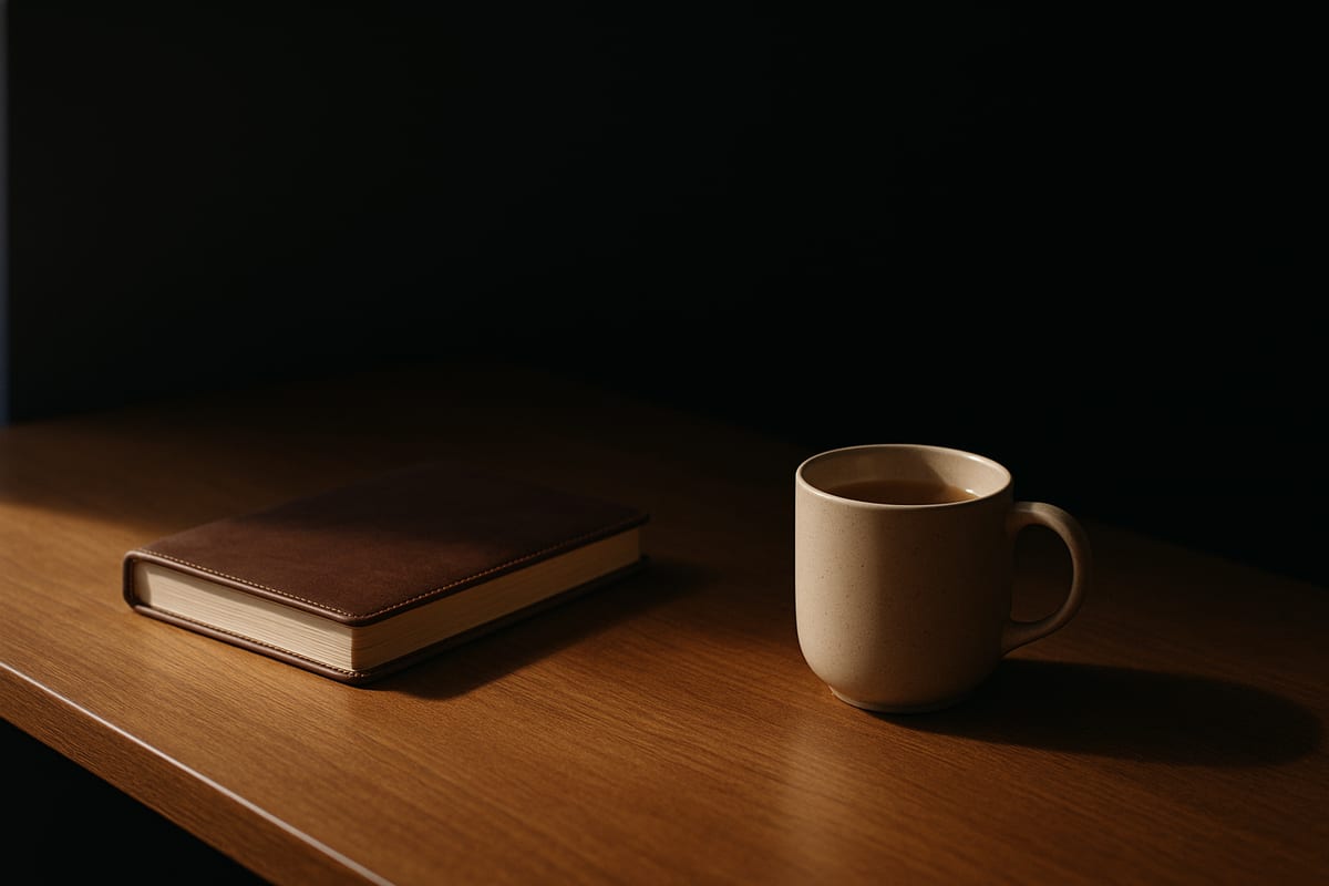 A leather notebook and ceramic mug on a wooden desk, lit by soft morning light — editorial still life representing recovered time