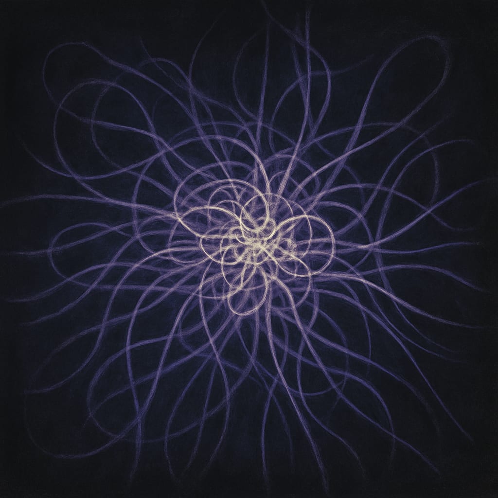 A tangled snarl of fine lavender threads radiating from a cream-lit centre — painterly abstract of collapsed process flows