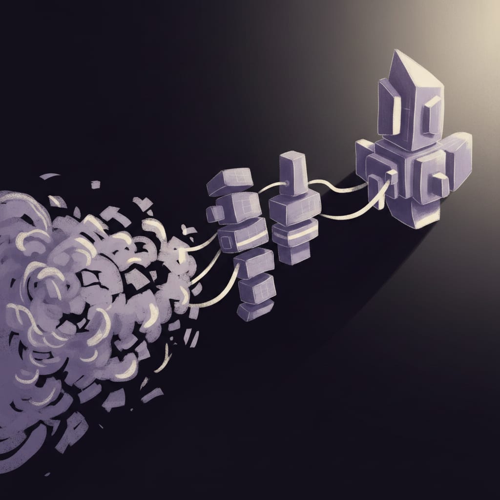 Three abstract forms progressing left to right — a painterly illustration of Assessment, Build, and Support phases